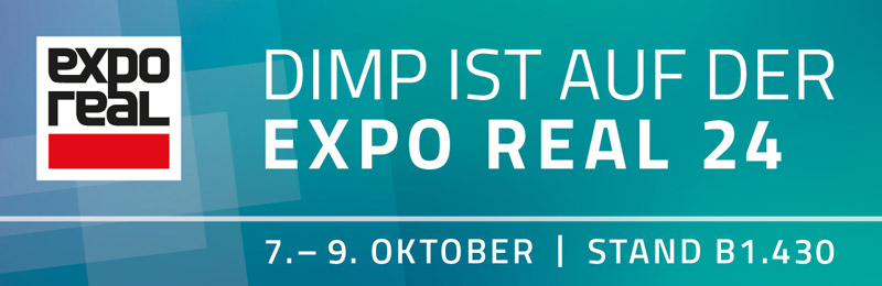 Störer mit dem Hinweis: DIMP ist auf der Expo Real 24. 7. - 9. Oktober. Stand B1.430.